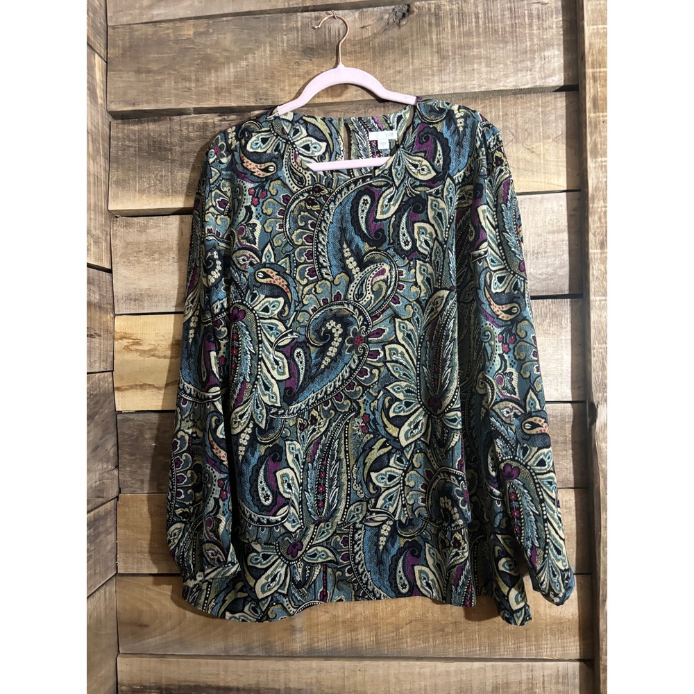 J. Jill Womens Large Blue Paisley Long Sleeve Layered Hem Blouse Top